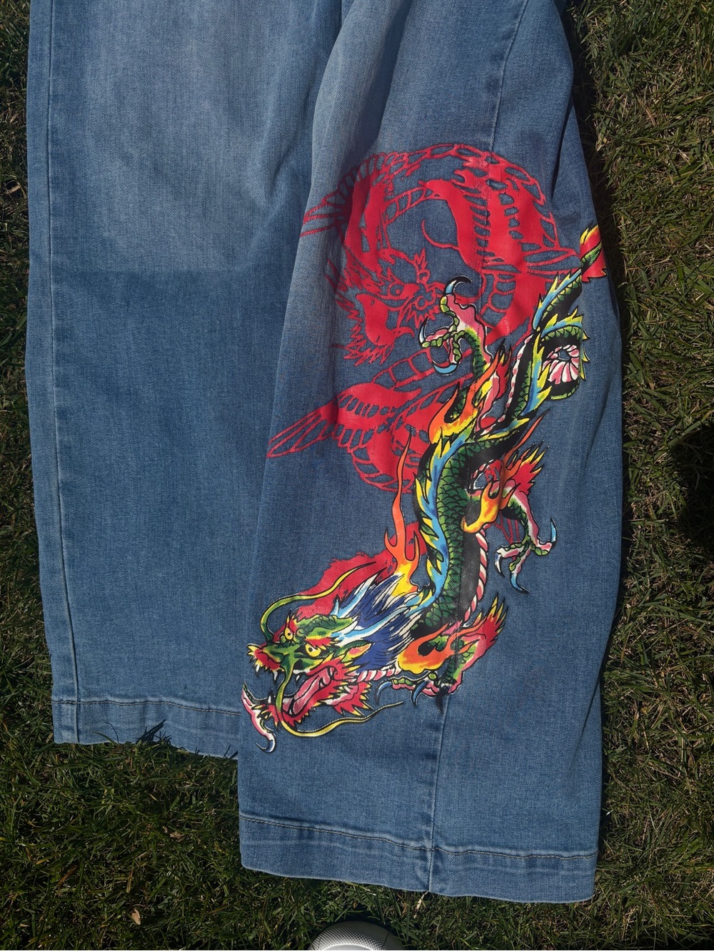 Ed Hardy Medium Blue Wide Leg Denim Jeans with Red Dragon Graphic